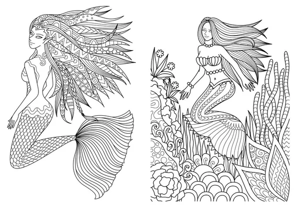 Beautiful Mermaids Swimming Sea Setfor Adult Coloring Book Coloring Pages — Stock Vector