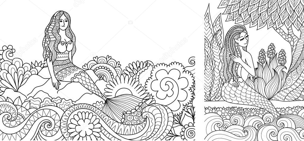 Pretty mermaid sitting on stone and beautiful ocean wave for adult coloring book,coloring pages,colouring pictures. Vector illustration
