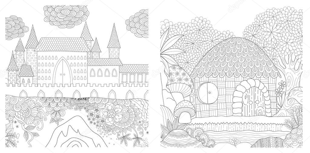 Set of medieval castle and hut in the jungle for adult coloring book, coloring page, colouring picture and other design element. Vector illustration