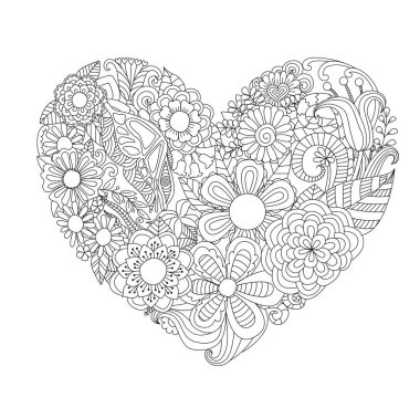 Flowers,leafs in hearted shape for print and adult coloring book,coloring page, colouring picture and other design element.Vector illustration clipart
