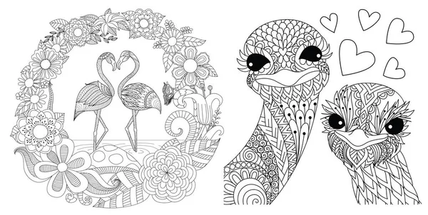 Flamingos Ostriches Couples Set Card Invitation Coloriing Book Coloring Page — Stock Vector
