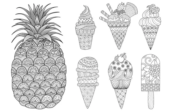 Conjunto Piña Helado Para Colorear Libro Página Para Colorear Imagen — Archivo Imágenes Vectoriales