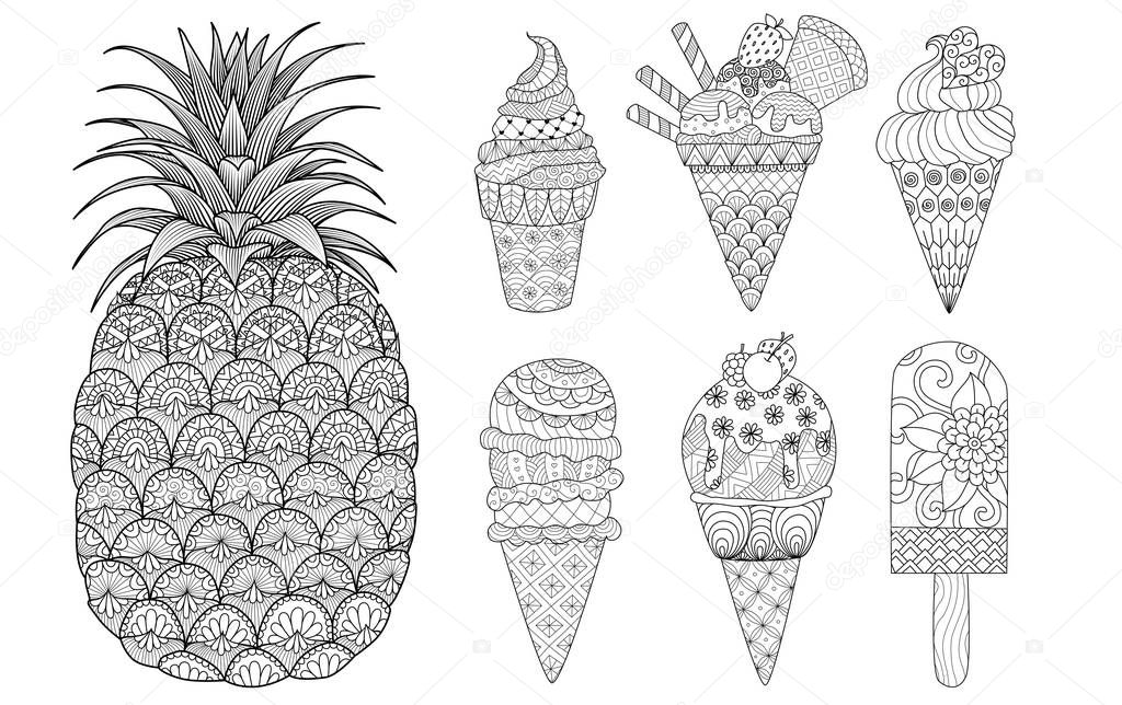 Pineapple and ice cream set for coloring book, coloring page,colouring picture and other design element. Vector illustration.