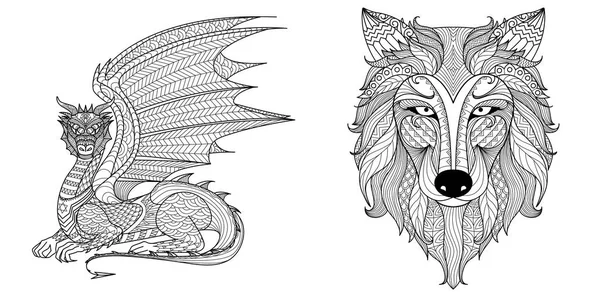 Desenho Dragão Lobo Para Colorir Livro Página Para Colorir Quadro —  Vetores de Stock