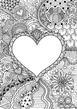 empty hearted shape for copy space surrounded by beautiful flowers for printing,card,invitation, coloring book,coloring page and colouring picture. Vector illustration clipart