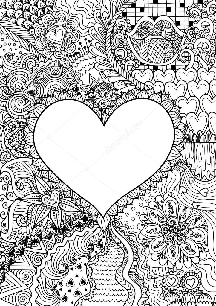 empty hearted shape for copy space surrounded by beautiful flowers for printing,card,invitation, coloring book,coloring page and colouring picture. Vector illustration