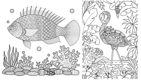 鱼和火烈鸟设置着色书 着色页 着色图片和其他设计元素 向量例证 — 图库矢量图片