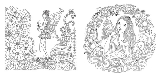 Fées Filles Dans Collection Jardin Pour Coloriage Adulte Impression Autre — Image vectorielle