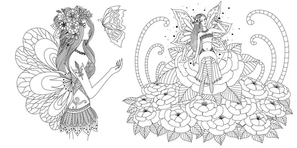 Fairy Girls Set Adult Coloring Book Coloring Page Printing Other — стоковый вектор