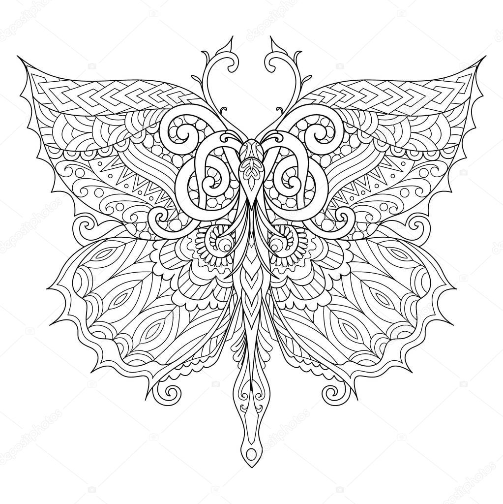 Beautiful butterfly for adult coloring book, coloring page, print on t shirt or other products. Vector illustration