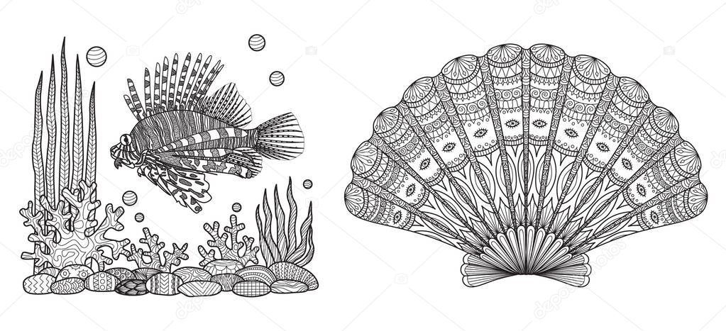 Zendoodle design of Lion fish swimming and beautiful coral and sea shell collection for adult coloring book pages. Vector illustration.