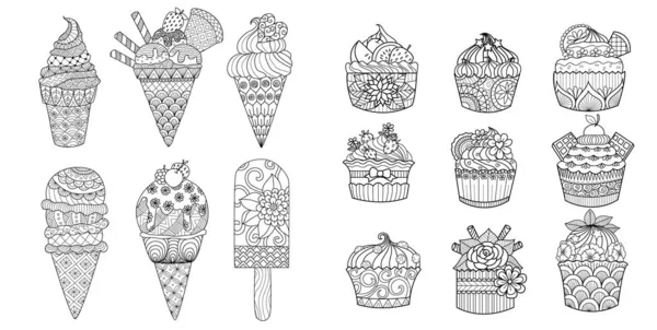 Zeichnung Von Eis Und Cupcakes Set Für Erwachsene Malbuch Malseite — Stockvektor
