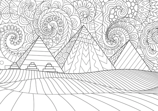 ラインアートギザ高原の風景とエジプトのファラオのピラミッド複合体が照らされました デザイン要素と大人の塗り絵 または着色ページのための白黒描画 ベクトルイラスト — ストックベクタ