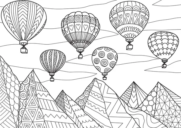 Linienzeichnung Von Schönen Heißluftballons Die Sommer Über Die Berge Fliegen — Stockvektor