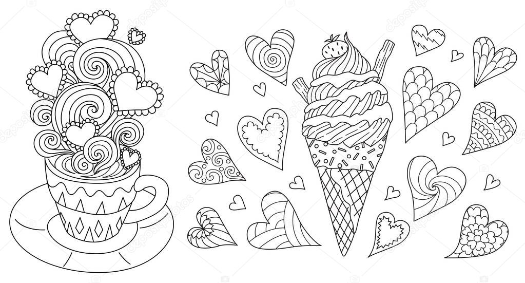 Line art design of hot coffee with beautiful scrolling,heart frame for your text and icecream cone collection for printing on stuffs and coloring book pages. Vector illustration