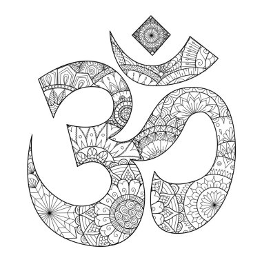 Ohm, Om veya Aum sembolü içinde el çizilmiş çizgi sanat, o en kutsal heceli sembolü ve Brahman mantra, Hinduism Yüce Tanrı, Hint Diwali manevi. Vektör Illustration.