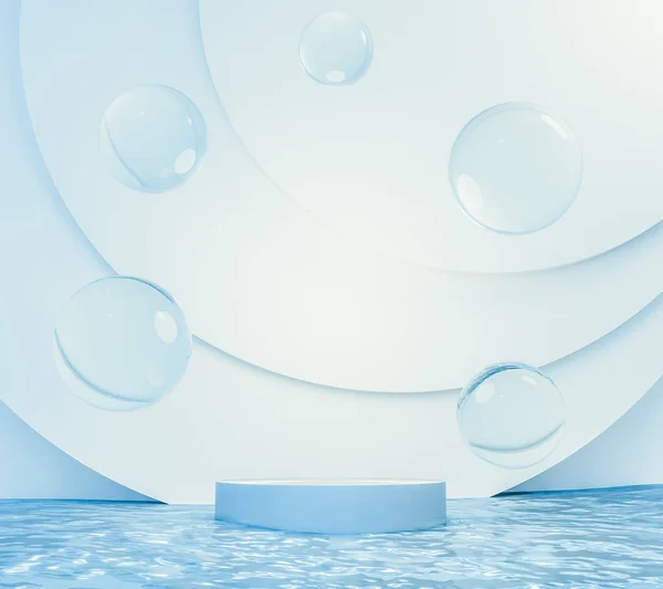 3d rendering floating podium and water drops above blue ocean. Minimal light blue color scheme. Moisturizer cosmetic product concept.