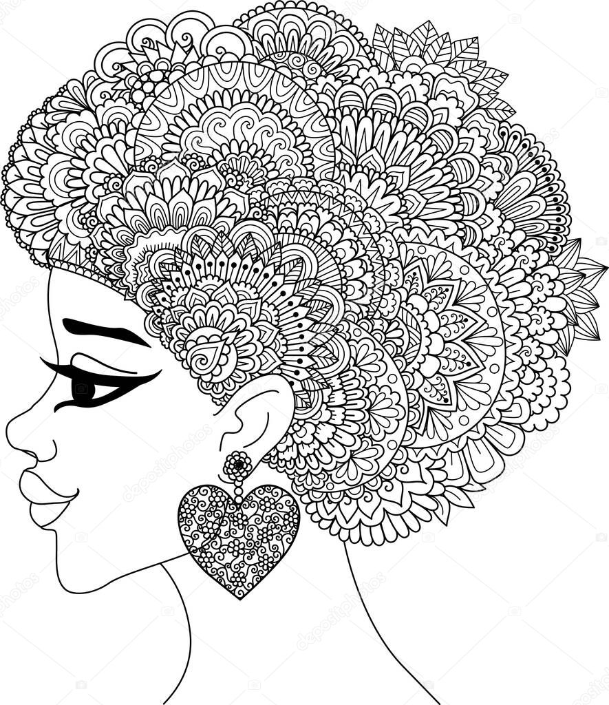 Line art design of black woman with mandala hair. Vector illustration
