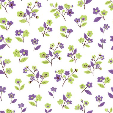 Kiraz çiçeği. Çiçekler unsurları ve kiraz yaprakları ile sorunsuz çiçek desenli. Vektör desen sakura çiçek