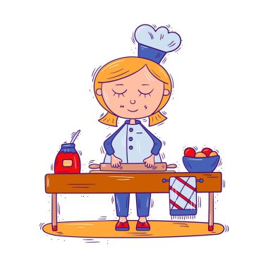 Şef üniformalı bir çocuk, mutfakta yemek pişiren bir kız, izole edilmiş vektör çizimi, çizgi film tarzı.