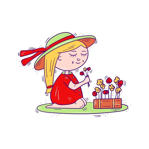 Kid postać, dziewczyna w kapeluszu pachnące kwiaty, młody ogrodnik ogrodnik miłośnik przyrody - Wektor Ilustracja izolowany, kreskówka styl — Wektor stockowy