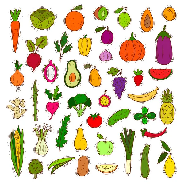 Set of fruits and vegetables, vector illustration clip art - Farm produce collection, cooking, healthy veggie food - Vector objects isolated — Stock Vector