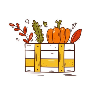 Balkabağı ve sonbahar yapraklı ahşap sandık kutusu.