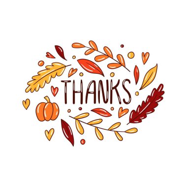 Teşekkürler - balkabağı, dallar, yapraklar, kalpler - sonbahar şükran günü modunda- süslemeli el yazmaları beyaz üzerine izole edilmiş vektör