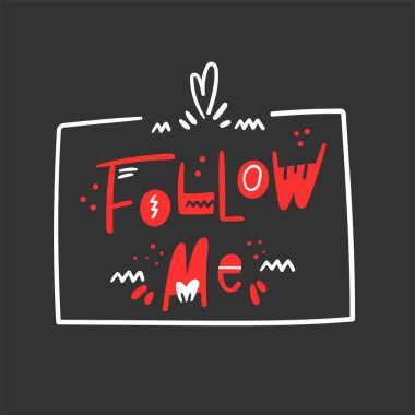Dekoratif öğeler ve kare çerçeveli modern harfleri takip edin - blog, web sitesi, sosyal medya için tasarım - koyu gri arka planda kırmızı ve beyaz - Vektör illüstrasyonu izole