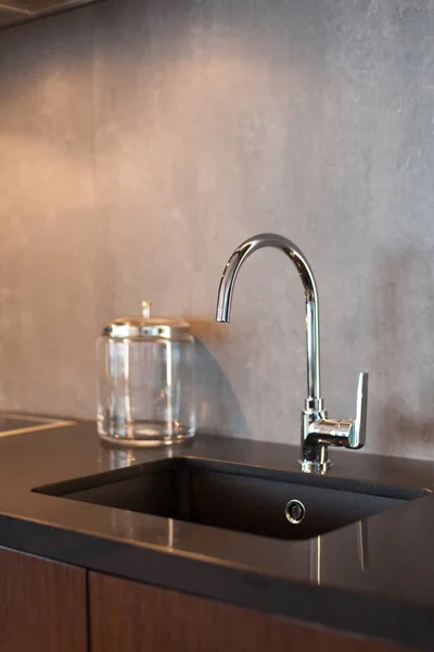 Detail Rectangular Designer Kitchen Sink Chrome Water Tap Gray Textured Stock Picture