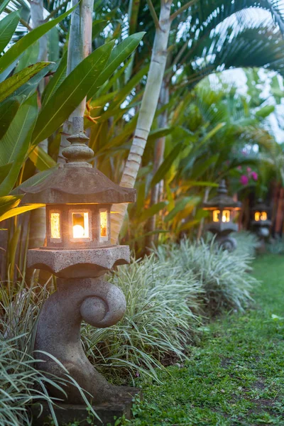 Stone lantern in garden with green plants in the evening