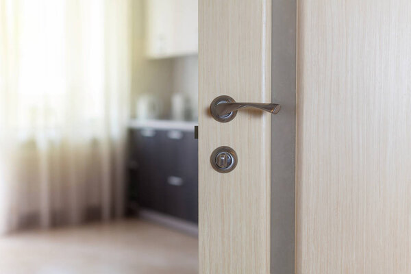 Wooden door with metallic handle open in to the empty kitchen