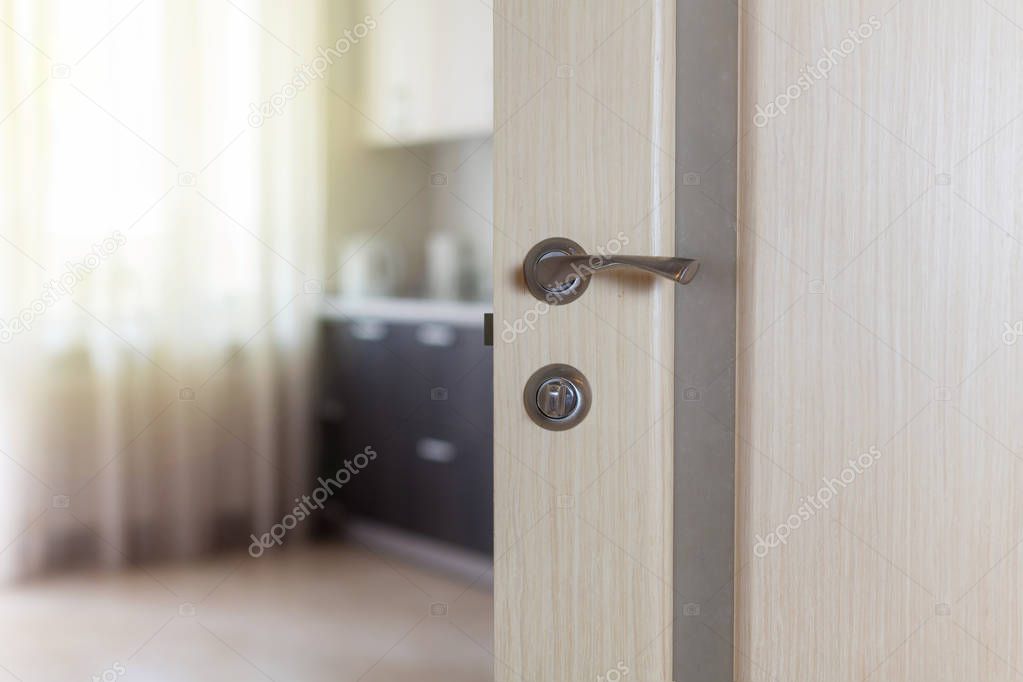 Wooden door with metallic handle open in to the empty kitchen