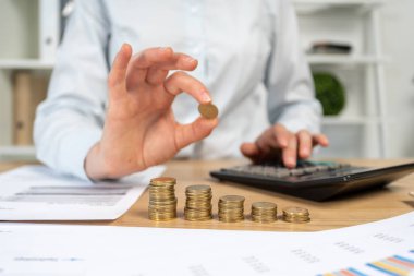 Kırpılan ekonomist yatırımcı Satış Yöneticisi aracı pazarlamacı Bayan o parlak çatı iç grafikler grafik grafik ile tablo oturup onun resmi kıyafeti yakından para yığını odak para idare