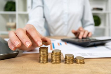 Rezerv kaynakları gelir kavramı. Kırpılan bankacı ekonomist yatırımcı Yöneticisi Bayan o Resepsiyon çatı iç koymak sikke yığını odak arkasında oturup el üstünde onun resmi kıyafeti yakından arka plan bulanık