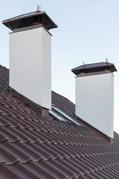 Vertical Photo Two White Chimney Installed New Slate Roof Small — Stock Photo, Image