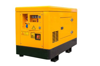 Mobil dizel felaket akımları jeneratör için acil elektrik güç izole kırpma yolu ile beyaz arka plan üzerinde denetim konsolu masası ile yan görünüm