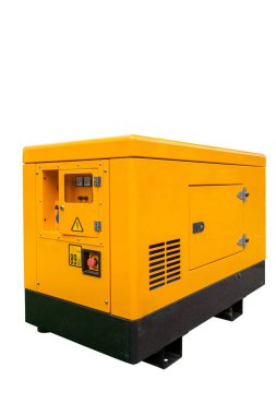 Yan görünümü dikey fotoğraf kırpma yolu ile beyaz arka plan üzerinde acil elektrikli eşyalar için sarı harici telefon dizel jeneratör