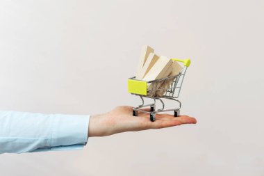 Reklam kavramı. Onun resmi Bayan giyim gömlek stand içinde parlak office iş istasyonu. O bir dakika küçük alışveriş sepeti pastel pembe arka plan üzerinde izole palm el