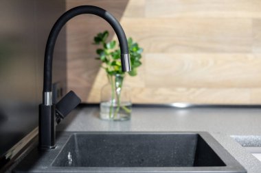 Pahalı iç kavramı. Fotoğraf tasarım su musluk mutfak oda ahşap arka plan bulanık ile öğesinde yukarı kapatın