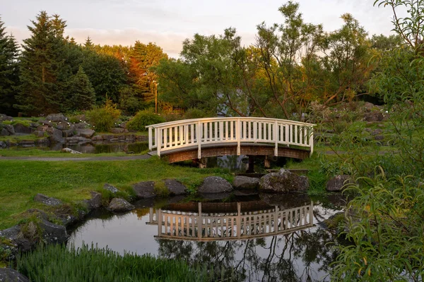 Side view on small arched bridge over small river in botanical garden with calm and peaceful water surface