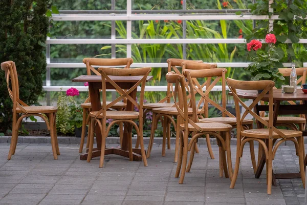 Lieu Loisirs Table Chaises Bois Dans Parc Tropical Café Sur — Photo