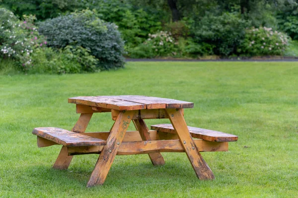 Table Pique Nique Bois Avec Bancs Sur Belle Pelouse Herbe — Photo