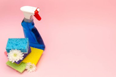 Yüksek açı üstten görünüm için pencere eşiği ve bazı sünger çiçeklerle yakınındaki duran cam deterjan sprey şişe izole metin için boş yer pastel pembe zemin üzerine