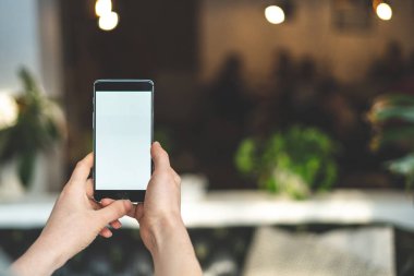 Taşınabilir telefon donanımları ile kopya alanı ekranda bulanık arka planı elinde tutan kadının kırpılmış fotoğraf kapatmak