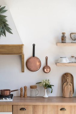 Modern ahşap mobilyalarla İskandinav tarzında modern mutfağın dikey unsurları, gaz sobası ve mutfak gereçleri üzerine sökücü başlığı.