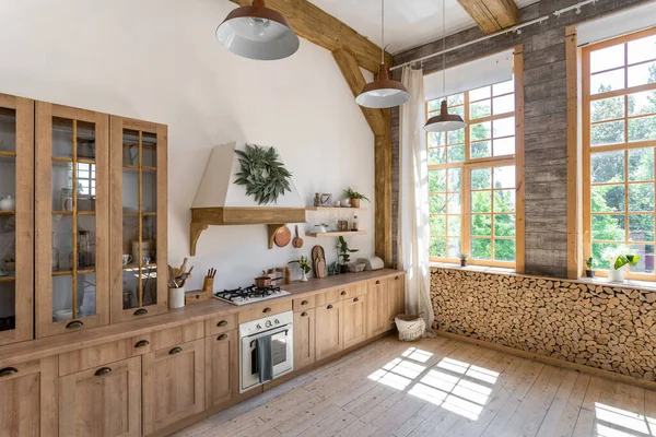 Salle Cuisine Lumineuse Confortable Avec Intérieur Moderne Grandes Fenêtres Meubles — Photo