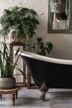 Klasik tarzda banyo dikey fotoğrafı zarif iç mimari, çağdaş siyah küvet, beyaz duvardaki ayna ve çiçek saksılarındaki yeşil doğal bitkiler.