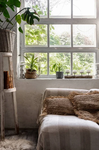 Vertikale Foto Von Gemütlichen Lounge Room Interieur Boho Chic Stil — Stockfoto