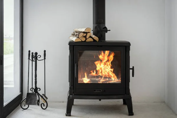 家里有火的壁炉的概念 舒适的客厅 在金属壁炉顶部的木柴 玻璃门和现代室内设计的后面 — 图库照片